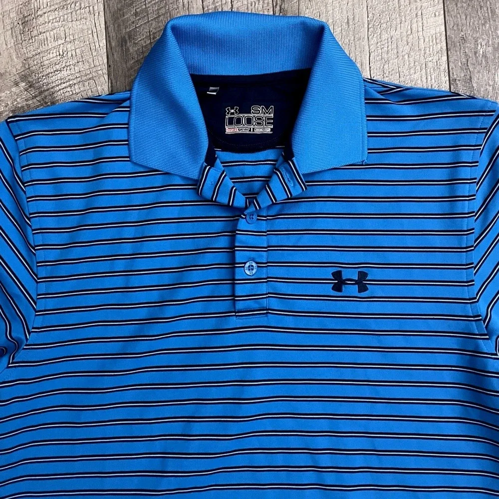 Under Armour Mens HeatGear Loose‎ Fit Striped Polo Shirt Blue Navy Small SM